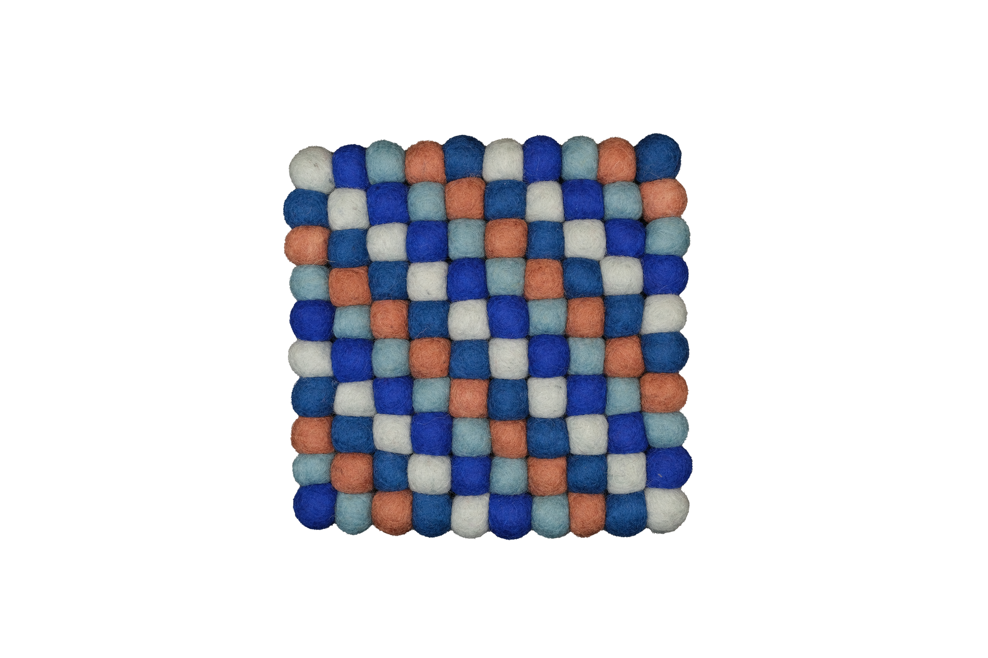 This Global Groove Life, handmade, ethical, fair trade, eco-friendly, sustainable, terra-cotta /clay, blue & white 100% New Zealand wool felt trivet was created by artisans in Kathmandu Nepal and will bring colorful warmth and functionality to your table top.