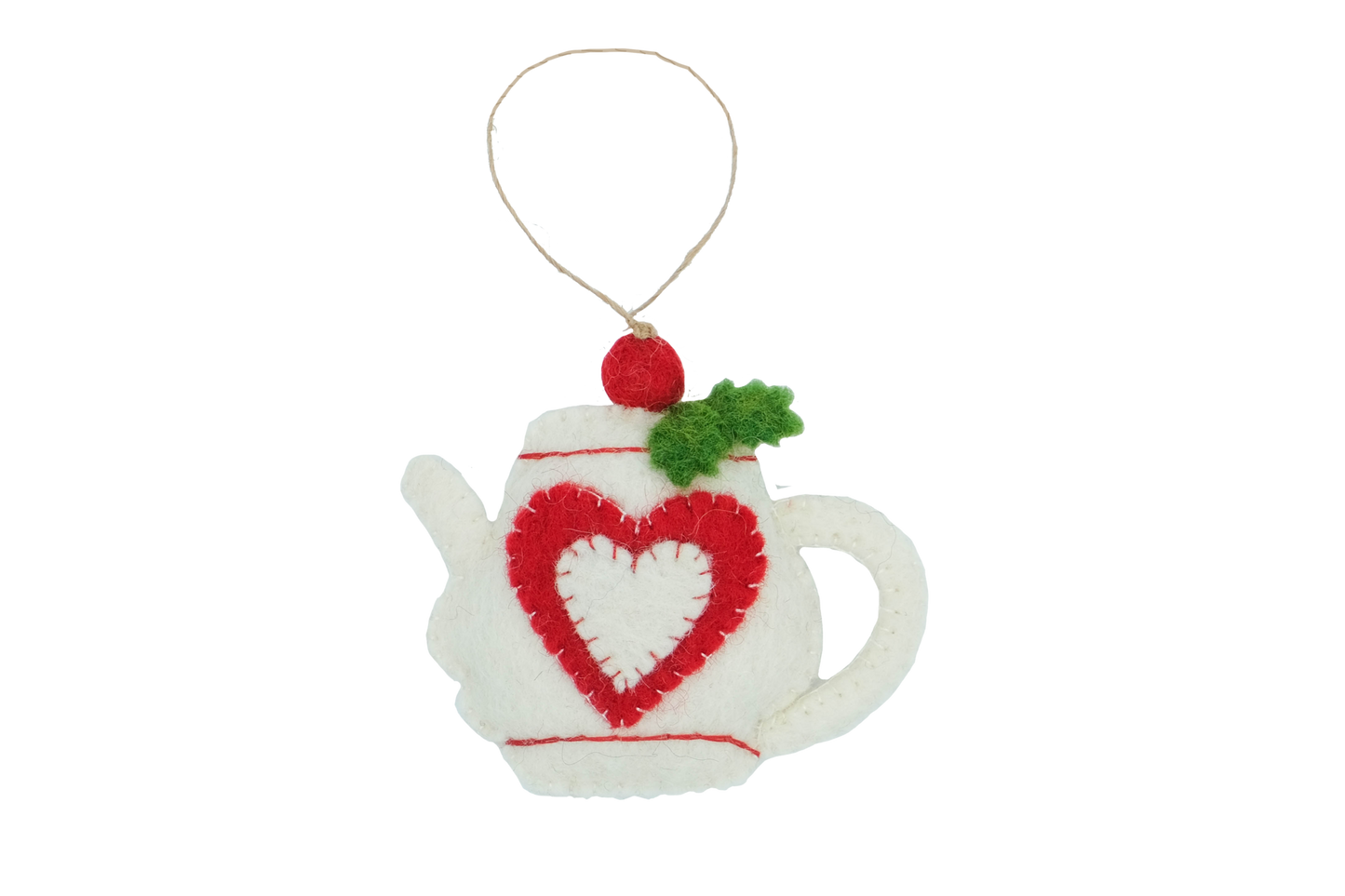 This Global Groove Life, handmade, ethical, fair trade, eco-friendly, sustainable, felt, white teapot ornament with red heart and holly motif, was created by artisans in Kathmandu Nepal and will be a beautiful addition to your Christmas tree this holiday season.