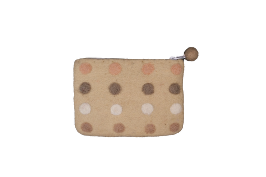 This Global Groove Life, handmade, ethical, fair trade, eco-friendly, sustainable, rose, driftwood, taupe, brown & white colored, New Zealand wool zipper coin purse was created by artisans in Kathmandu Nepal and is adorned with a polka dot motif and a pom pom zipper pull. 