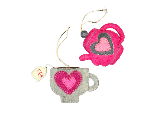 Shades of Pink Heart Teapot and Teacup Wool Felt Christmas Tree Ornament-Set of 2