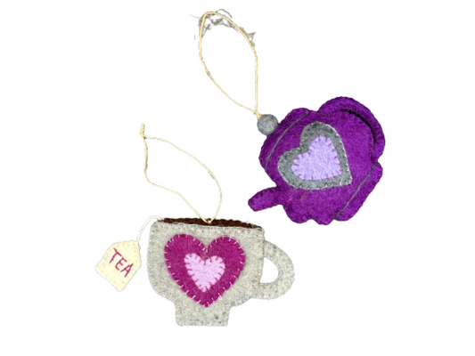 Shades of Purple Heart Teapot and Teacup Wool Felt Christmas Tree Ornament-Set of 2
