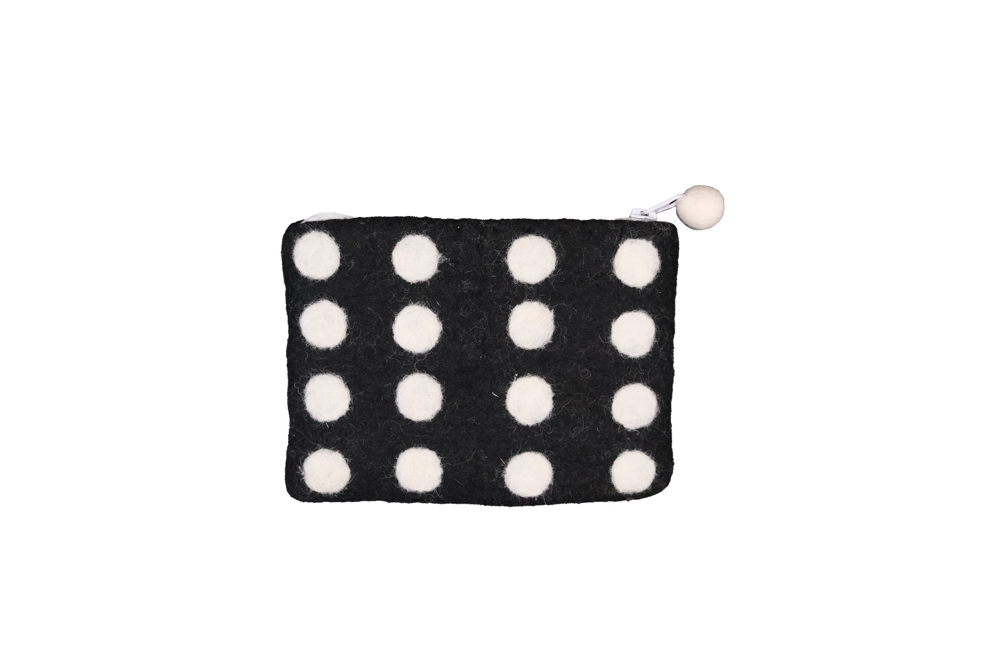 This Global Groove Life, handmade, ethical, fair trade, eco-friendly, sustainable, black & white domino colored, New Zealand wool zipper coin purse was created by artisans in Kathmandu Nepal and is adorned with a polka dot motif and a pom pom zipper pull.