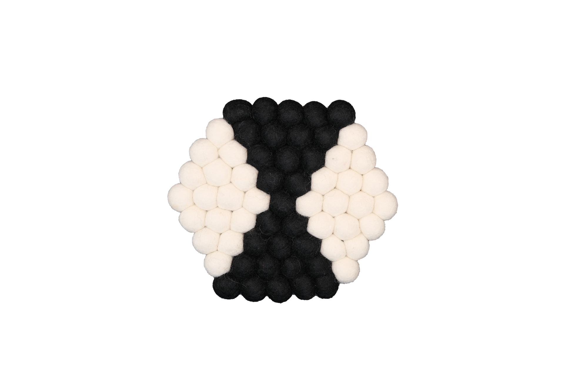 This Global Groove Life, handmade, ethical, fair trade, eco-friendly, sustainable, black & white 100% New Zealand wool felt trivet was created by artisans in Kathmandu Nepal and will bring colorful warmth and functionality to your table top.
