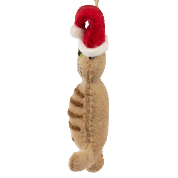 This Global Groove Life, handmade, ethical, fair trade, eco-friendly, sustainable, 100% New Zealand Wool, ginger felt kitty ornament with Santa hat was created by artisans in Kathmandu Nepal and will be a beautiful addition to your Christmas tree this holiday season.