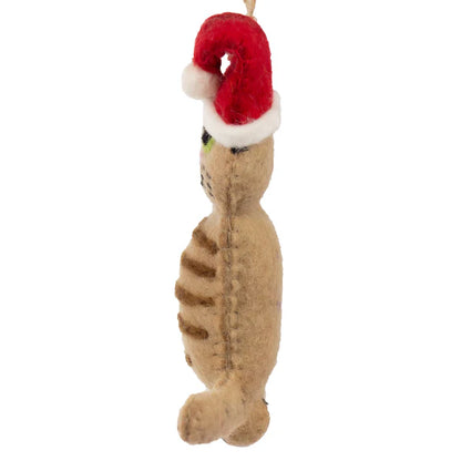 This Global Groove Life, handmade, ethical, fair trade, eco-friendly, sustainable, 100% New Zealand Wool, ginger felt kitty ornament with Santa hat was created by artisans in Kathmandu Nepal and will be a beautiful addition to your Christmas tree this holiday season.