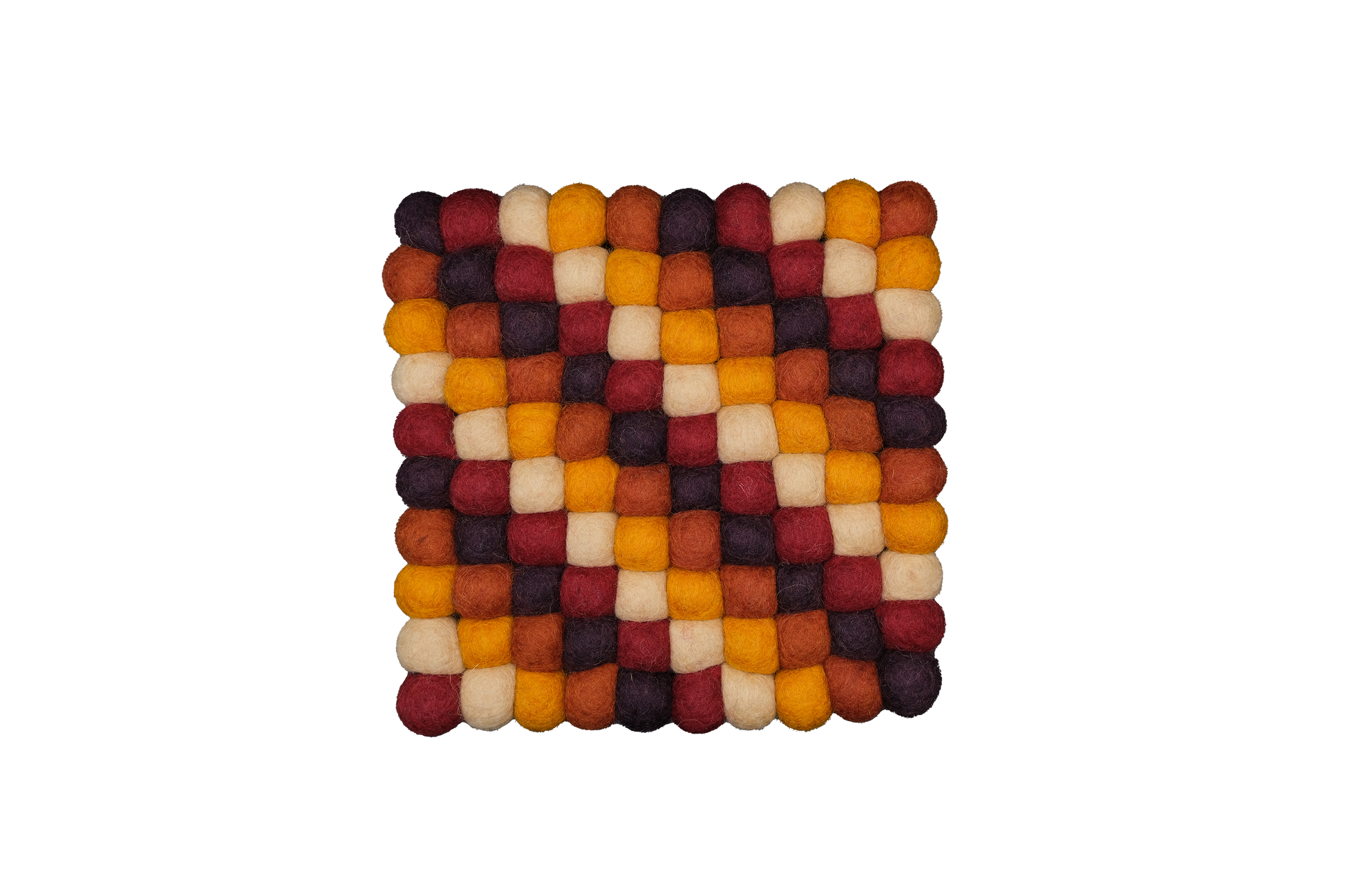 This Global Groove Life, handmade, ethical, fair trade, eco-friendly, sustainable, harvest colored 100% New Zealand hexagonal wool felt trivet was created by artisans in Kathmandu Nepal and will bring colorful warmth and functionality to your table top.
