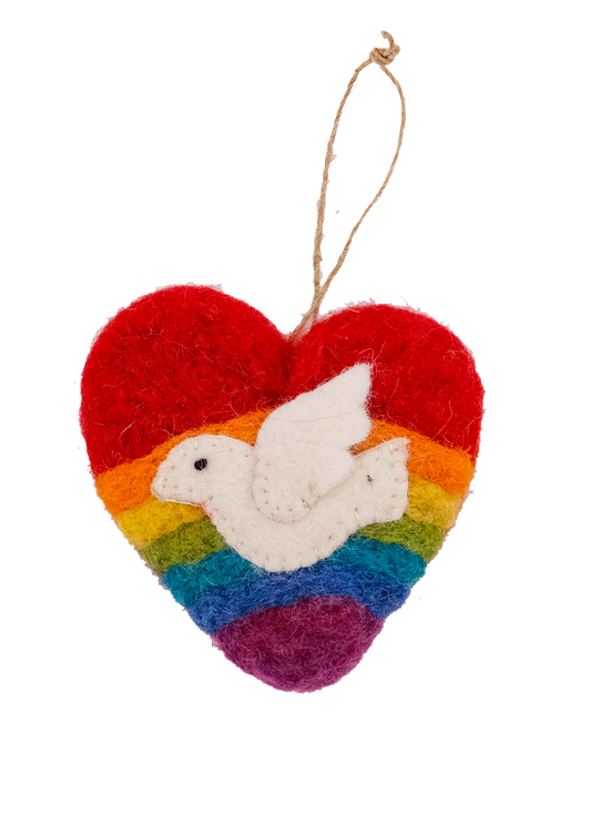 This Global Groove Life, handmade, ethical, fair trade, eco-friendly, sustainable, rainbow dove heart ornament was created by artisans in Kathmandu Nepal and will bring colorful warmth and fun to your Christmas tree this season.