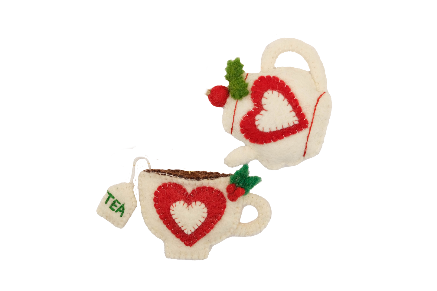 This Global Groove Life, handmade, ethical, fair trade, eco-friendly, sustainable, felt, red and white heart teapot and teacup with holly ornament set was created by artisans in Kathmandu Nepal and will bring colorful warmth and fun to your Christmas tree this season.