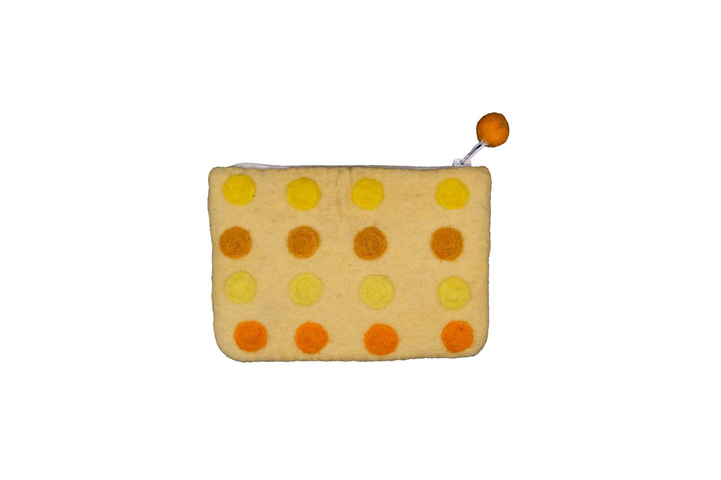 This Global Groove Life, handmade, ethical, fair trade, eco-friendly, sustainable, yellow and orange colored, New Zealand wool zipper coin purse was created by artisans in Kathmandu Nepal and is adorned with a polka dot motif and a pom pom zipper pull.
