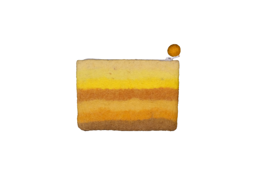 This Global Groove Life, handmade, ethical, fair trade, eco-friendly, sustainable, yellow, brown, honey desert colored, New Zealand wool zipper coin purse was created by artisans in Kathmandu Nepal and is adorned with stripes and a pom pom zipper pull.