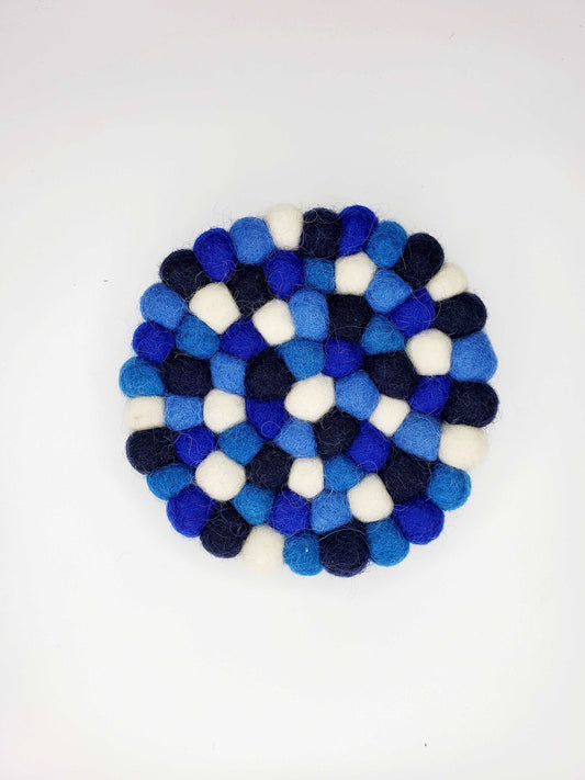 Mediterranean Blue Handmade Felt Pom-Pom Coasters
