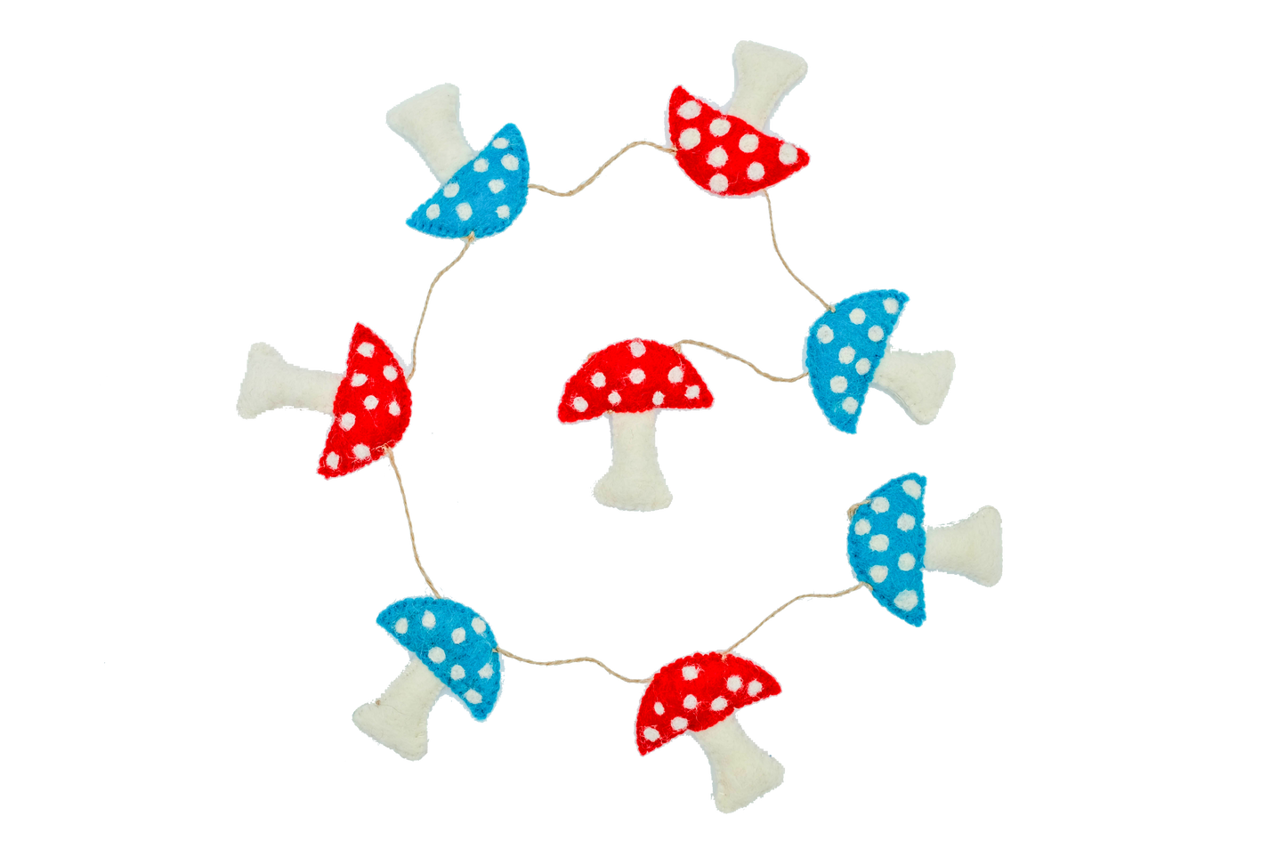 This Global Groove Life, handmade, ethical, fair trade, eco-friendly, sustainable, felt, red, white and turquoise mushroom garland was created by artisans in Kathmandu Nepal and will bring beautiful color, warmth and fun to your home.