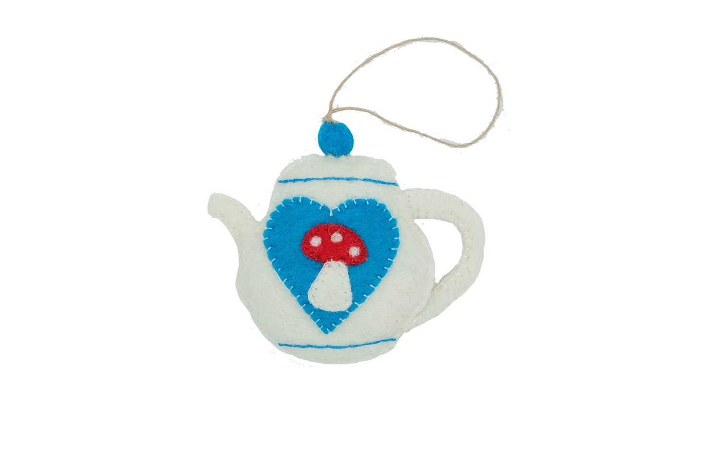 This Global Groove Life, handmade, ethical, fair trade, eco-friendly, sustainable, felt, teapot ornament with red mushroom and blue heart motif, was created by artisans in Kathmandu Nepal and will be a beautiful addition to your Christmas tree this holiday season.