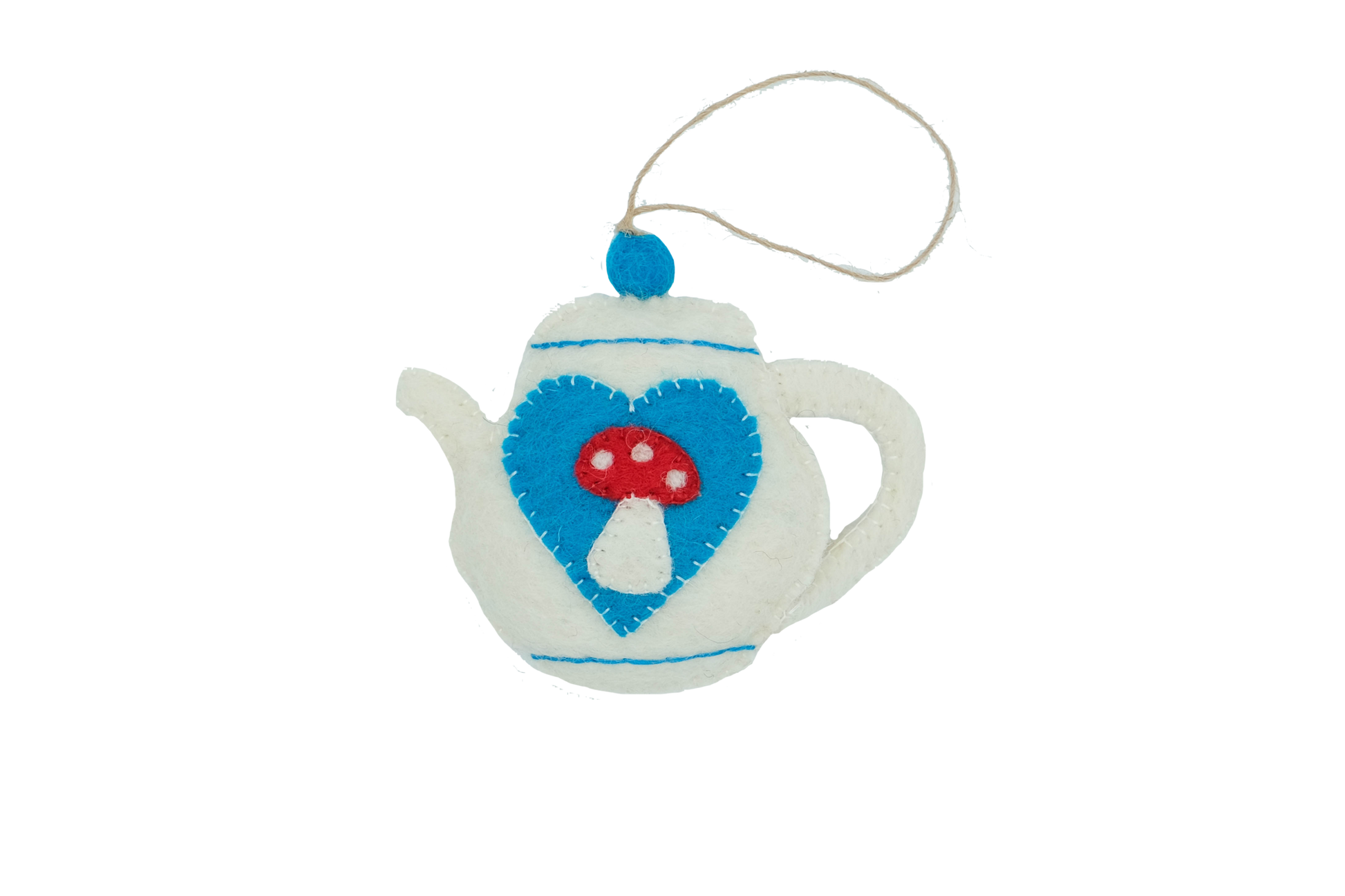This Global Groove Life, handmade, ethical, fair trade, eco-friendly, sustainable, felt, teapot ornament with red mushroom and blue heart motif, was created by artisans in Kathmandu Nepal and will be a beautiful addition to your Christmas tree this holiday season.