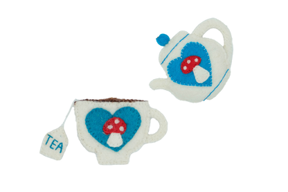 This Global Groove Life, handmade, ethical, fair trade, eco-friendly, sustainable, felt, turquoise, red and white mushroom teapot and teacup ornament set was created by artisans in Kathmandu Nepal and will bring colorful warmth and fun to your Christmas tree this season.