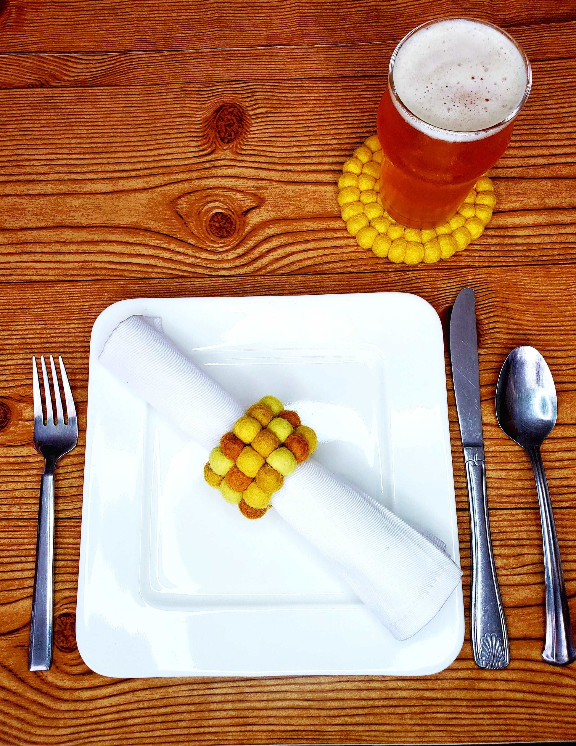 Mustard Medley Yellow Handmade Wool Felt Pom-Pom Napkin Rings