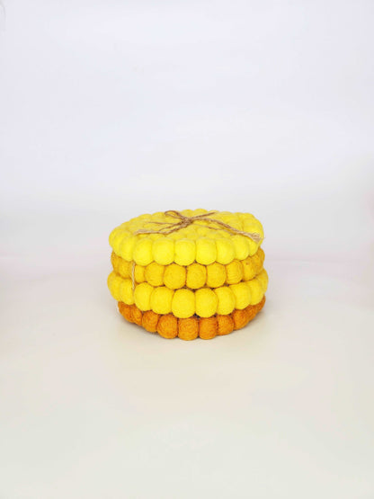 Handmade Mustard Tonal Felt Pom-Pom Coasters