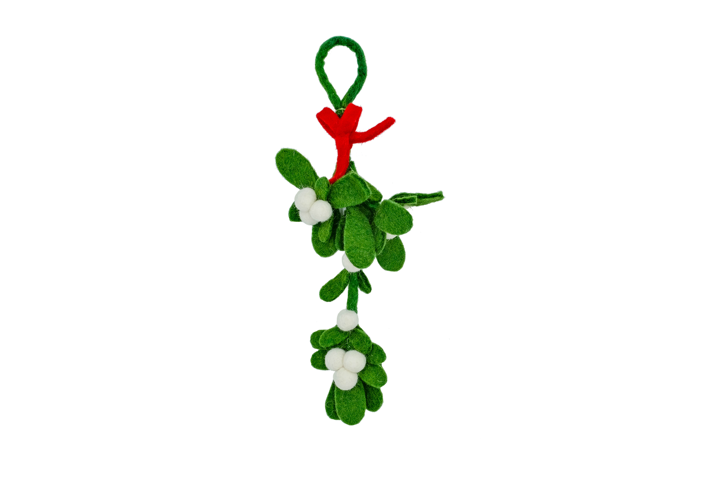 This Global Groove Life, handmade, ethical, fair trade, eco-friendly, sustainable, green felt Mistletoe with red ribbon and white berries was created by artisans in Kathmandu Nepal. It will bring Christmas cheer to your home this holiday season.