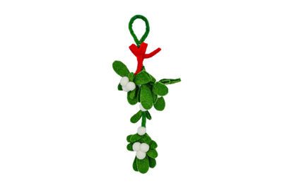 This Global Groove Life, handmade, ethical, fair trade, eco-friendly, sustainable, green felt Mistletoe with red ribbon and white berries was created by artisans in Kathmandu Nepal. It will bring Christmas cheer to your home this holiday season.