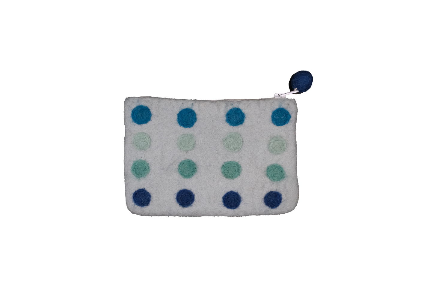 This Global Groove Life, handmade, ethical, fair trade, eco-friendly, sustainable, blue colored, New Zealand wool zipper coin purse was created by artisans in Kathmandu Nepal and is adorned with a polka dot motif and a pom pom zipper pull.