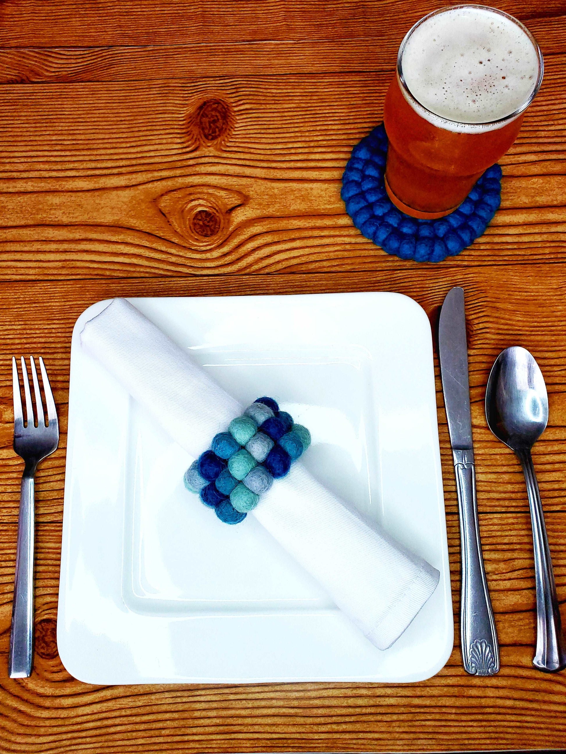 Ocean Sky Blue Handmade Wool Felt Pom-Pom Napkin Rings