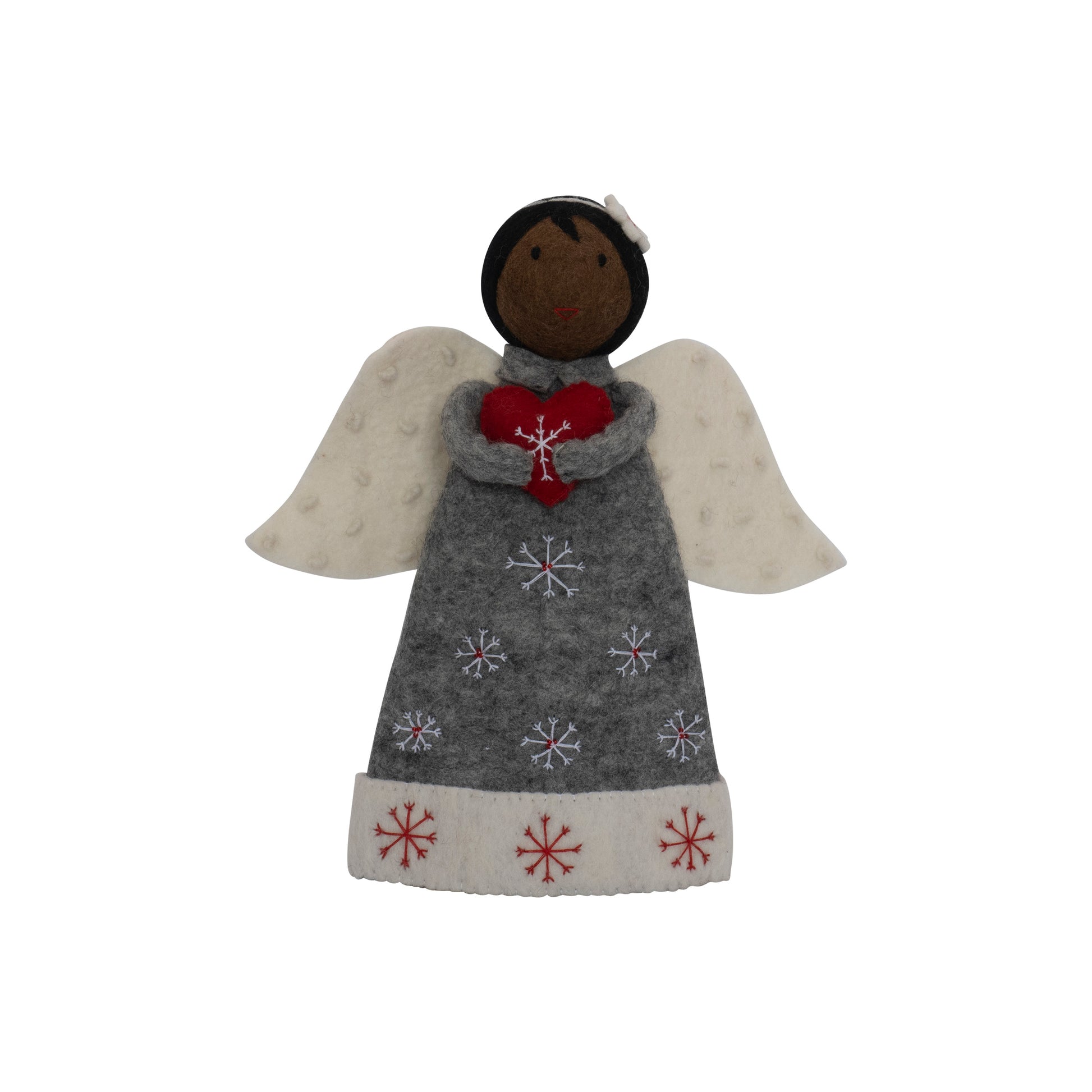This Global Groove Life, handmade, ethical, fair trade, eco-friendly, sustainable, felt, Snow Queen Angel tree topper, was created by artisans in Kathmandu Nepal and will be a brilliantly beautiful addition to your Christmas tree this holiday season.