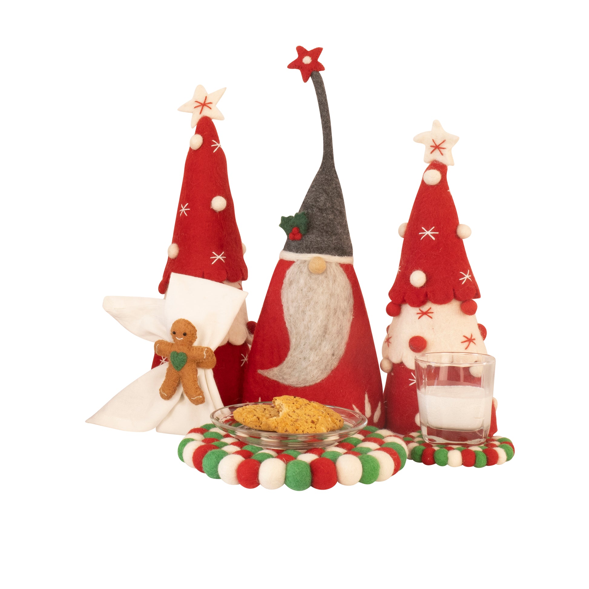 This Global Groove Life, handmade, ethical, fair trade, eco-friendly, sustainable, felt, red & grey whimsical Holiday Gnome tree topper, was created by artisans in Kathmandu Nepal and will be a brilliantly beautiful addition to your Christmas tree this holiday season.