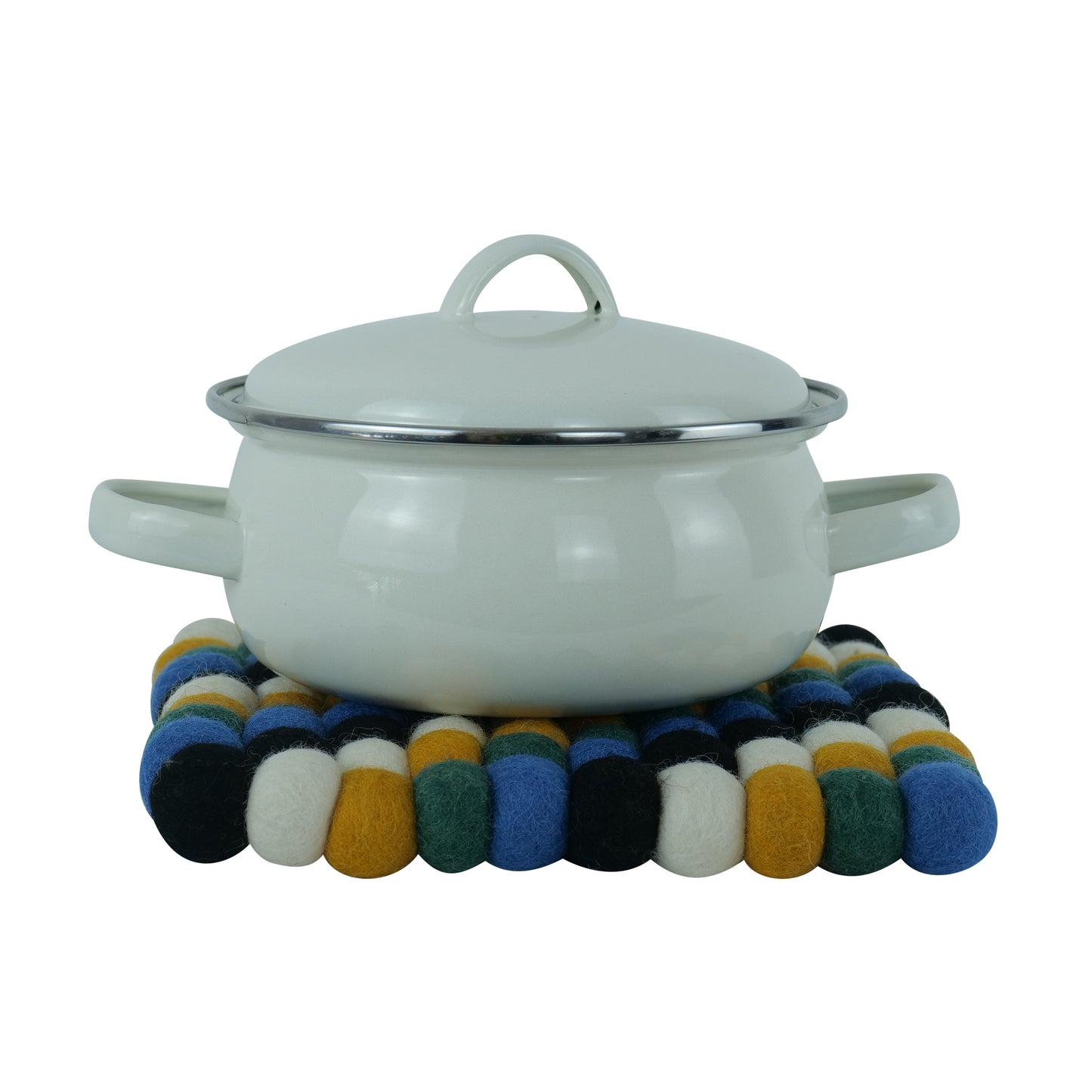 This Global Groove Life, handmade, ethical, fair trade, eco-friendly, sustainable, black, yellow, green & white 100% New Zealand wool felt Moroccan inspired trivet was created by artisans in Kathmandu Nepal and will bring colorful warmth and functionality to your table top.