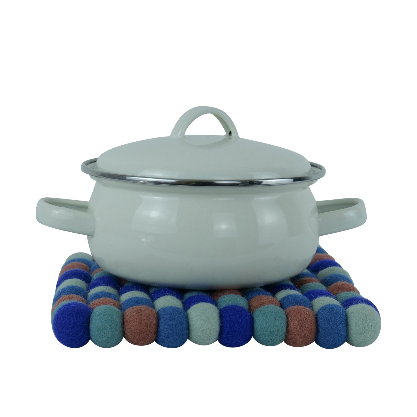 This Global Groove Life, handmade, ethical, fair trade, eco-friendly, sustainable, terra-cotta /clay, blue & white 100% New Zealand wool felt trivet was created by artisans in Kathmandu Nepal and will bring colorful warmth and functionality to your table top.