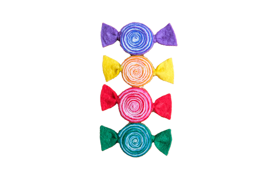This Global Groove Life, handmade, ethical, fair trade, eco-friendly, sustainable, felt, purple, yellow, red, and green, Rainbow candy ornament set was created by artisans in Kathmandu Nepal and will be a beautiful and fun addition to your Christmas tree this holiday season.