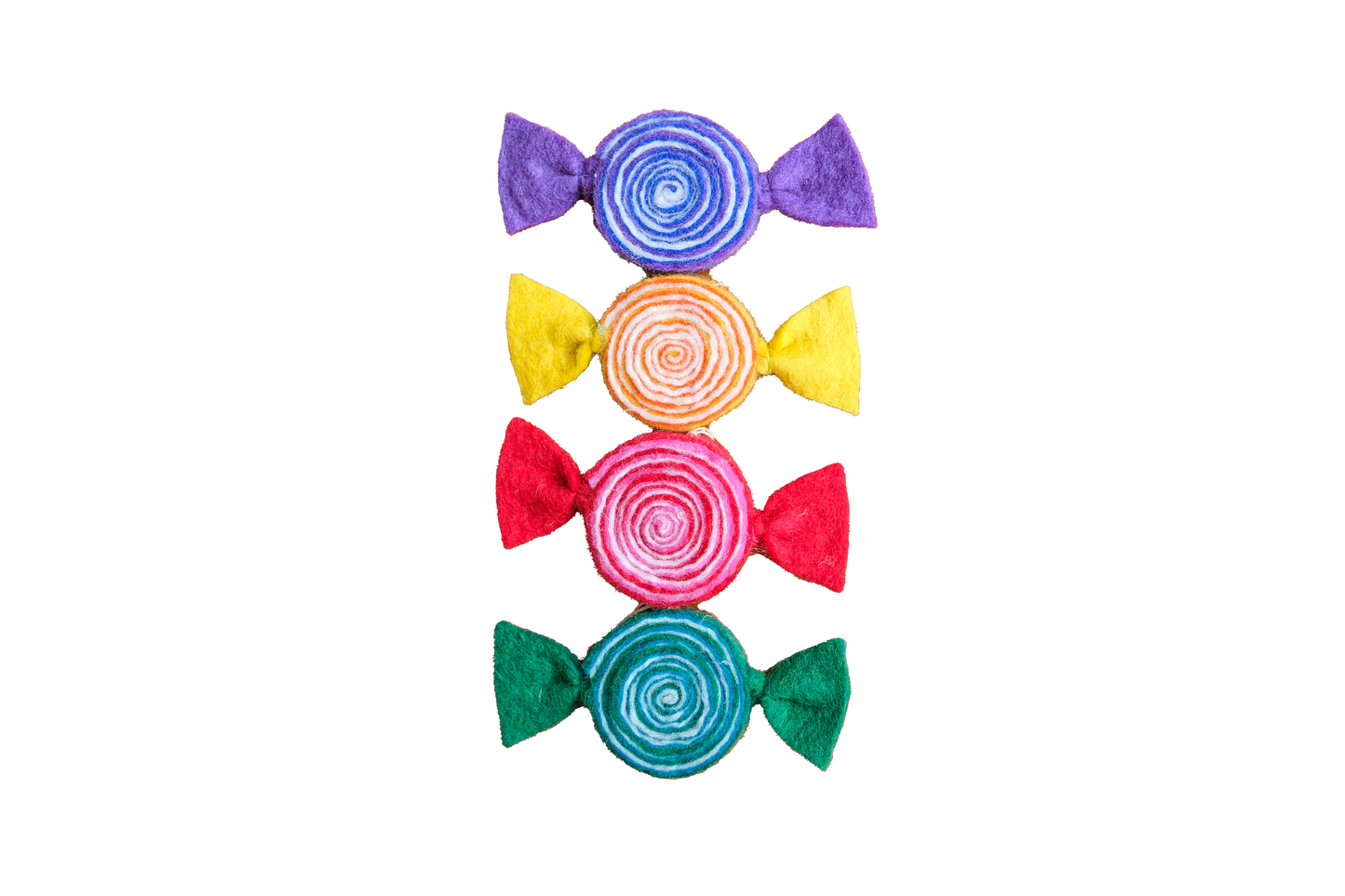 This Global Groove Life, handmade, ethical, fair trade, eco-friendly, sustainable, felt, purple, yellow, red, and green, Rainbow candy ornament set was created by artisans in Kathmandu Nepal and will be a beautiful and fun addition to your Christmas tree this holiday season.