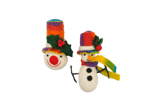 This Global Groove Life, handmade, ethical, fair trade, eco-friendly, sustainable, rainbow top hat snow friend ornament set was created by artisans in Kathmandu Nepal and will bring colorful warmth and fun to your Christmas tree this holiday season.