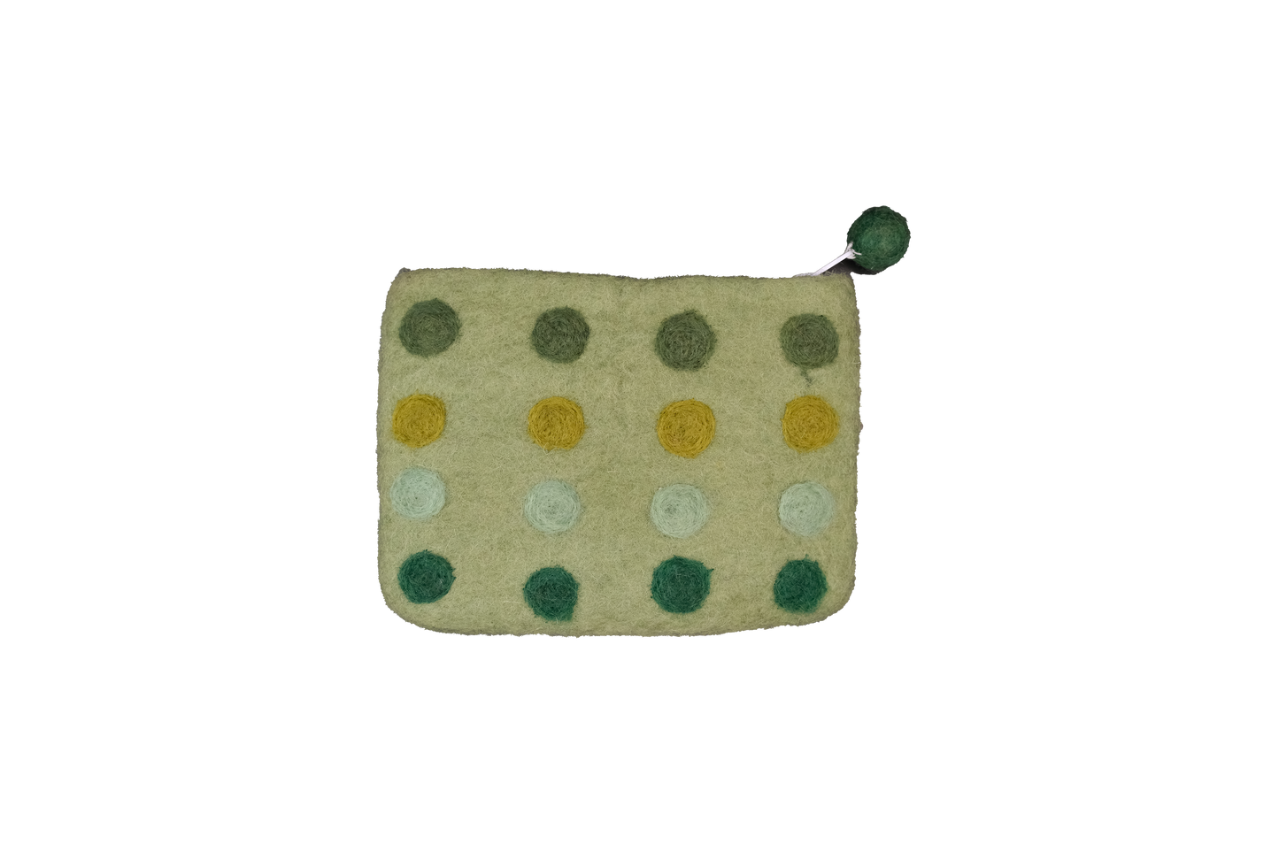 This Global Groove Life, handmade, ethical, fair trade, eco-friendly, sustainable, green colored, New Zealand wool zipper coin purse was created by artisans in Kathmandu Nepal and is adorned with a polka dot motif and a pom pom zipper pull.