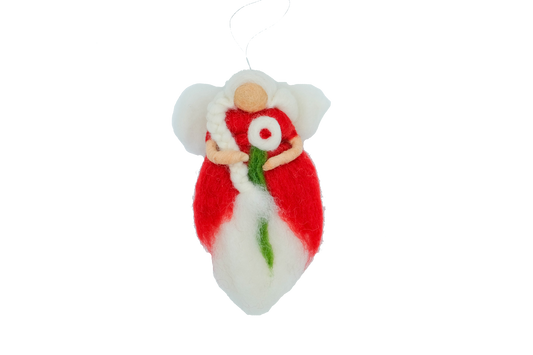 This Global Groove Life, handmade, ethical, fair trade, eco-friendly, sustainable, felt, red forest fairy angel ornament  was created by artisans in Kathmandu Nepal  and will be a beautiful addition to your Christmas tree this holiday season.
