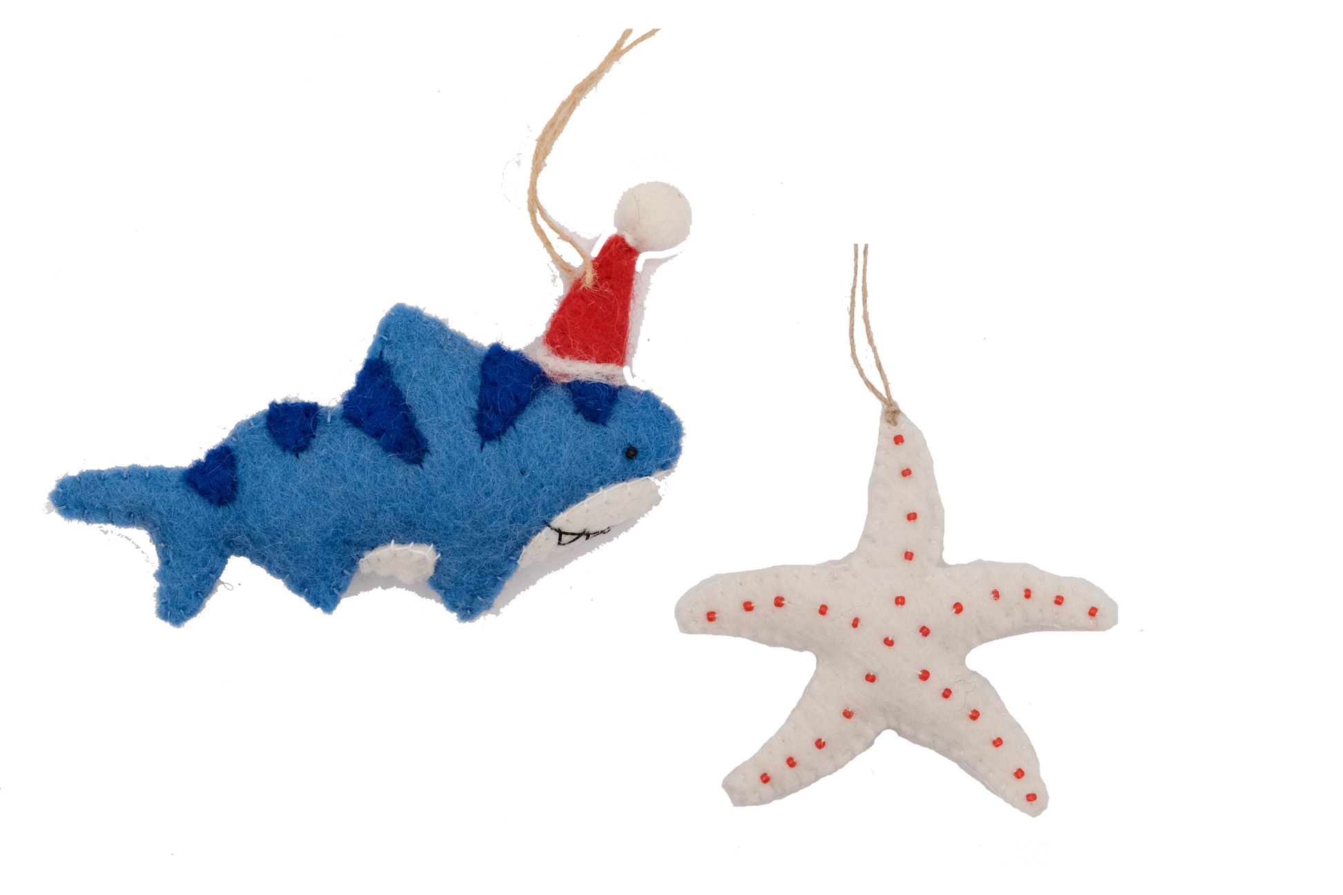 This Global Groove Life, handmade, ethical, fair trade, eco-friendly, sustainable, blue, white and red, felt Shark Santa with Starfish ornament set was created by artisans in Kathmandu Nepal and will be a beautiful addition to your Christmas tree this holiday season.