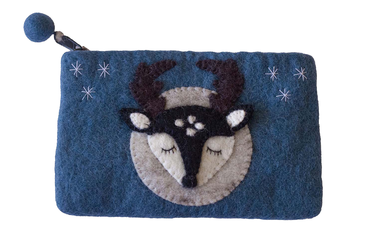 This Global Groove Life, handmade, ethical, fair trade, eco-friendly, sustainable, blue felt zipper coin pouch was created by artisans in Kathmandu Nepal and is adorned with an adorable stag with moon and stars motif.