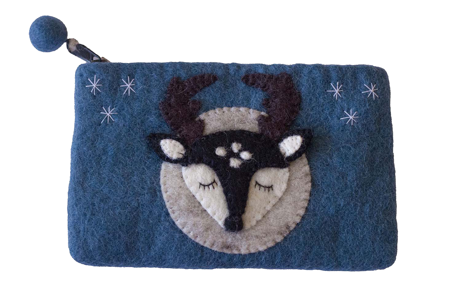 This Global Groove Life, handmade, ethical, fair trade, eco-friendly, sustainable, blue felt zipper coin pouch was created by artisans in Kathmandu Nepal and is adorned with an adorable stag with moon and stars motif.