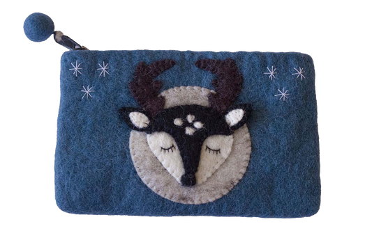 This Global Groove Life, handmade, ethical, fair trade, eco-friendly, sustainable, blue felt zipper coin pouch was created by artisans in Kathmandu Nepal and is adorned with an adorable stag with moon and stars motif.