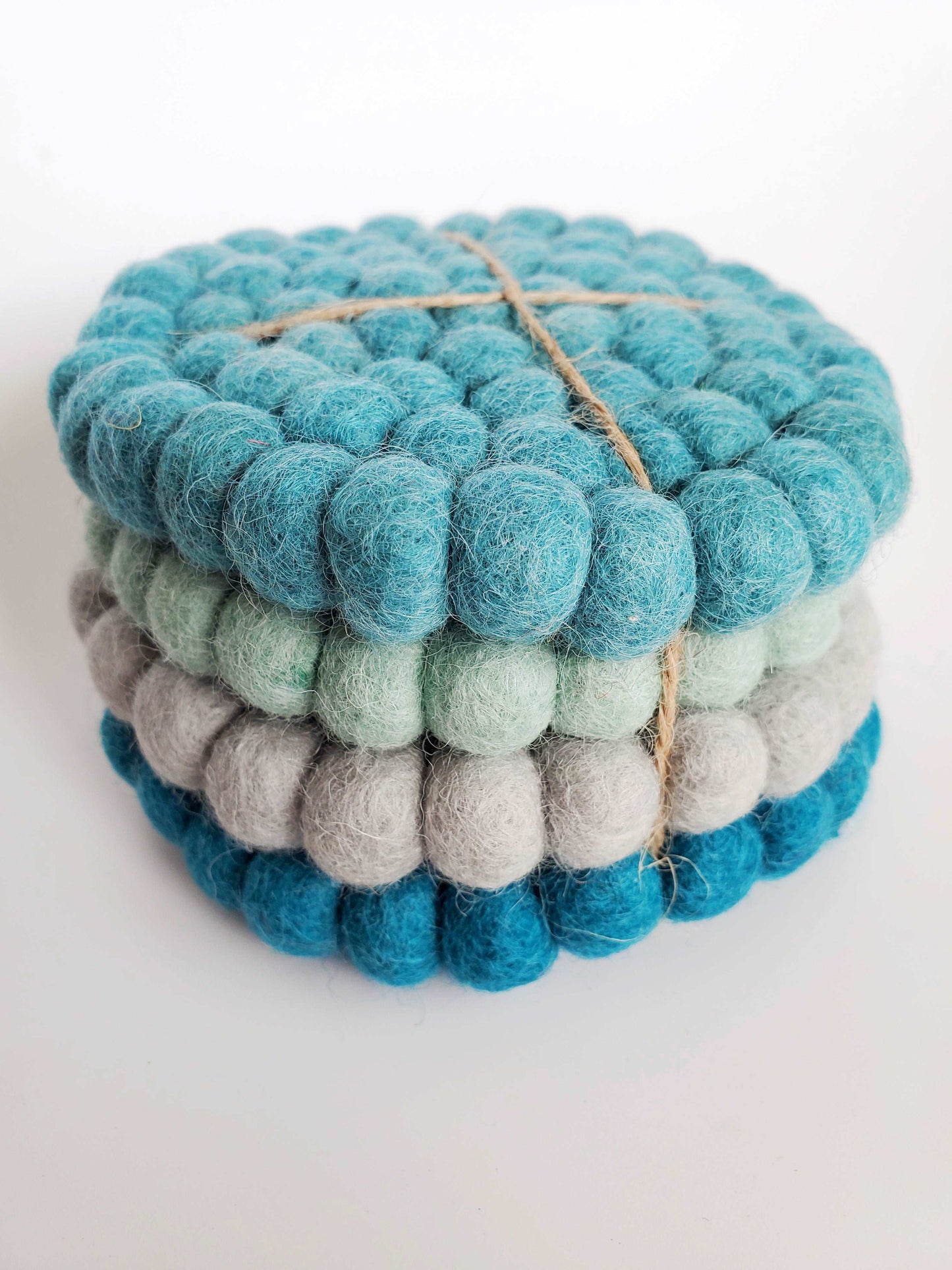 Handmade Teal Tonal Felt Pom-Pom Coasters