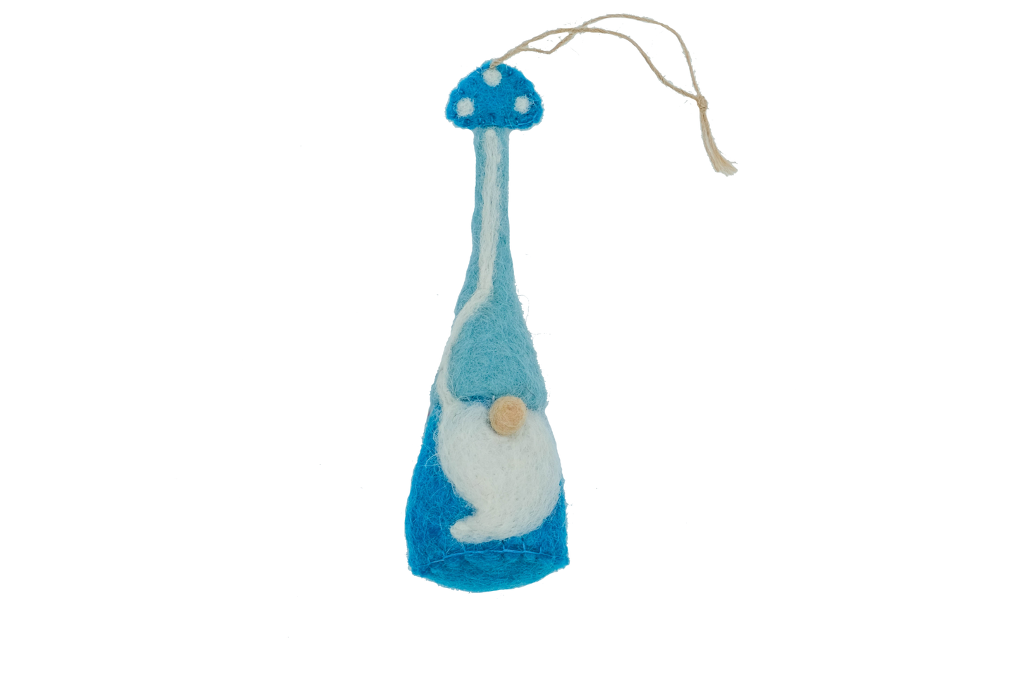This Global Groove Life, handmade, ethical, fair trade, eco-friendly, sustainable, felt, turquoise gnome ornament with mushroom motif, was created by artisans in Kathmandu Nepal and will be a beautiful addition to your Christmas tree this holiday season.