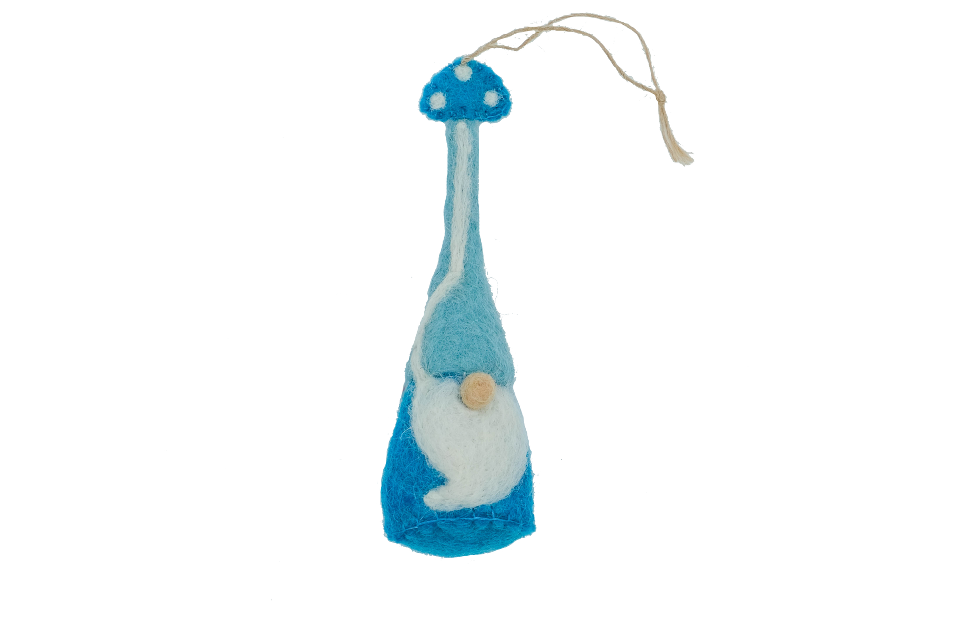 This Global Groove Life, handmade, ethical, fair trade, eco-friendly, sustainable, felt, turquoise gnome ornament with mushroom motif, was created by artisans in Kathmandu Nepal and will be a beautiful addition to your Christmas tree this holiday season.