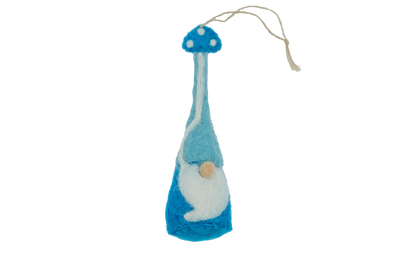 This Global Groove Life, handmade, ethical, fair trade, eco-friendly, sustainable, felt, turquoise gnome ornament with mushroom motif, was created by artisans in Kathmandu Nepal and will be a beautiful addition to your Christmas tree this holiday season.