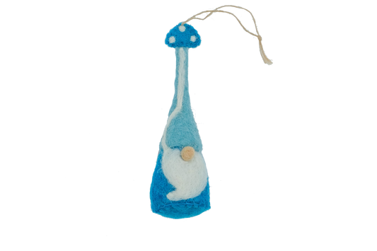 This Global Groove Life, handmade, ethical, fair trade, eco-friendly, sustainable, felt, turquoise gnome ornament with mushroom motif, was created by artisans in Kathmandu Nepal and will be a beautiful addition to your Christmas tree this holiday season.