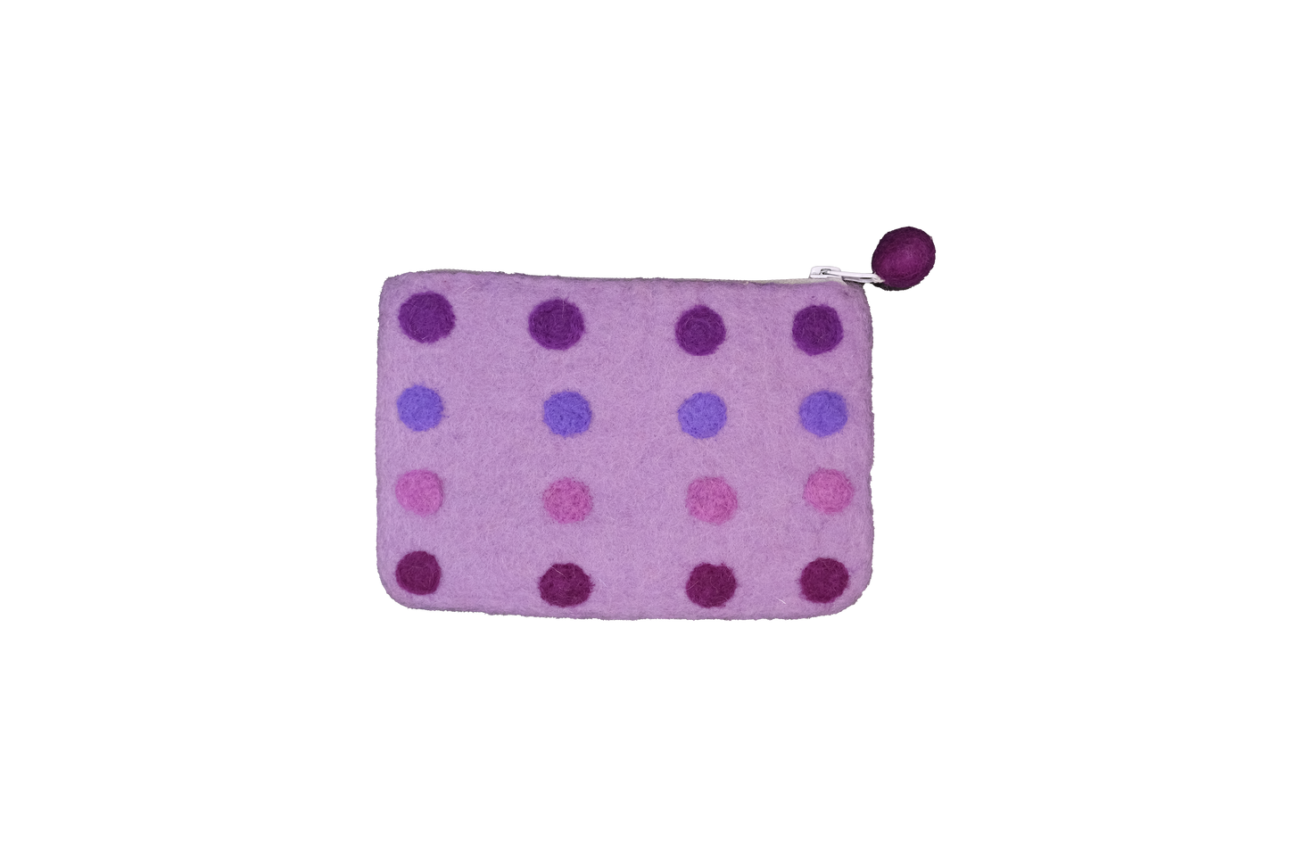 This Global Groove Life, handmade, ethical, fair trade, eco-friendly, sustainable, purple colored, New Zealand wool zipper coin purse was created by artisans in Kathmandu Nepal and is adorned with a polka dot motif and a pom pom zipper pull.