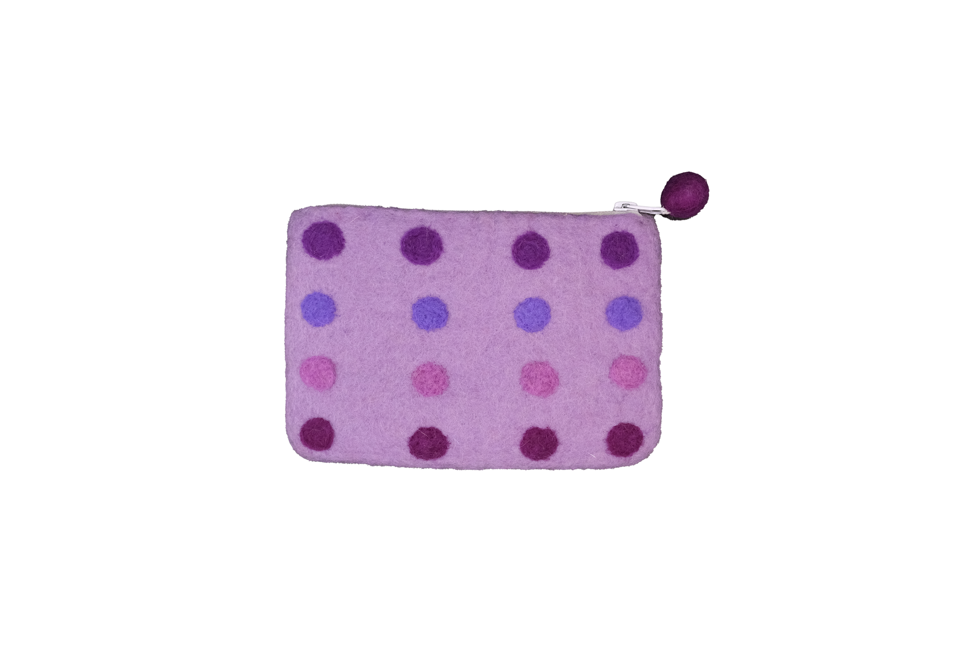 This Global Groove Life, handmade, ethical, fair trade, eco-friendly, sustainable, purple colored, New Zealand wool zipper coin purse was created by artisans in Kathmandu Nepal and is adorned with a polka dot motif and a pom pom zipper pull.