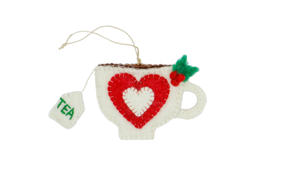Holiday Teapot and Teacup Wool Felt Christmas Tree Ornament-Set of 2