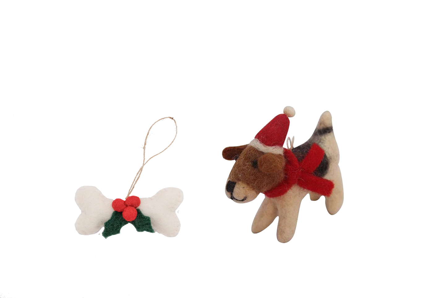 This Global Groove Life, handmade, ethical, fair trade, eco-friendly, sustainable, brown, white and red Beagle Dog with bone treat set ornament was created by artisans in Kathmandu Nepal and will be a beautiful addition to your Christmas tree this holiday season.