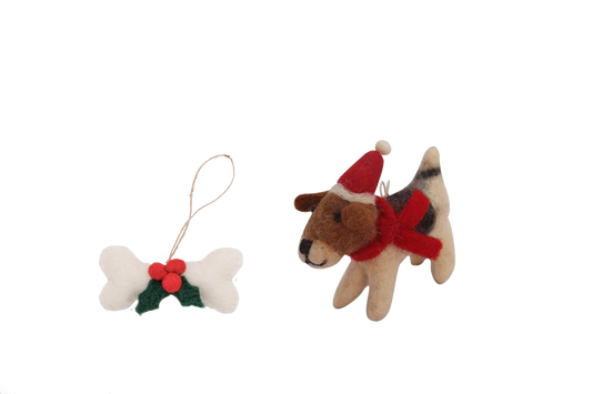 This Global Groove Life, handmade, ethical, fair trade, eco-friendly, sustainable, brown, white and red Beagle Dog with bone treat set ornament was created by artisans in Kathmandu Nepal and will be a beautiful addition to your Christmas tree this holiday season.