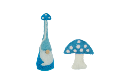 This Global Groove Life, handmade, ethical, fair trade, eco-friendly, sustainable, felt, blue mushroom and mushroom hat gnome ornament set was created by artisans in Kathmandu Nepal and will be a beautiful and fun addition to your Christmas tree this holiday season.