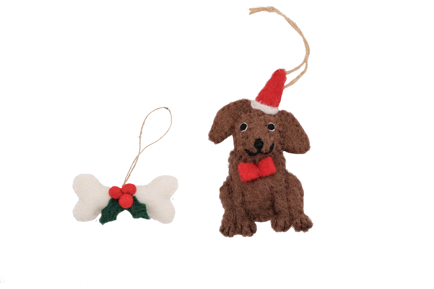 This Global Groove Life, handmade, ethical, fair trade, eco-friendly, sustainable, brown, Chocolate Labrador Santa Dog with white, green and red bone treat set ornament was created by artisans in Kathmandu Nepal and will be a beautiful addition to your Christmas tree this holiday season.